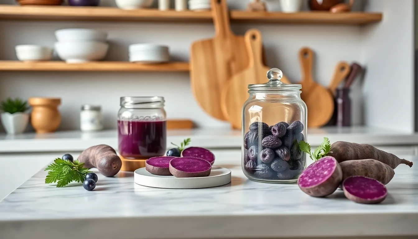 Stylish kitchen setup with glass jars, wooden chopping boards, and minimalistic decor on a countertop.