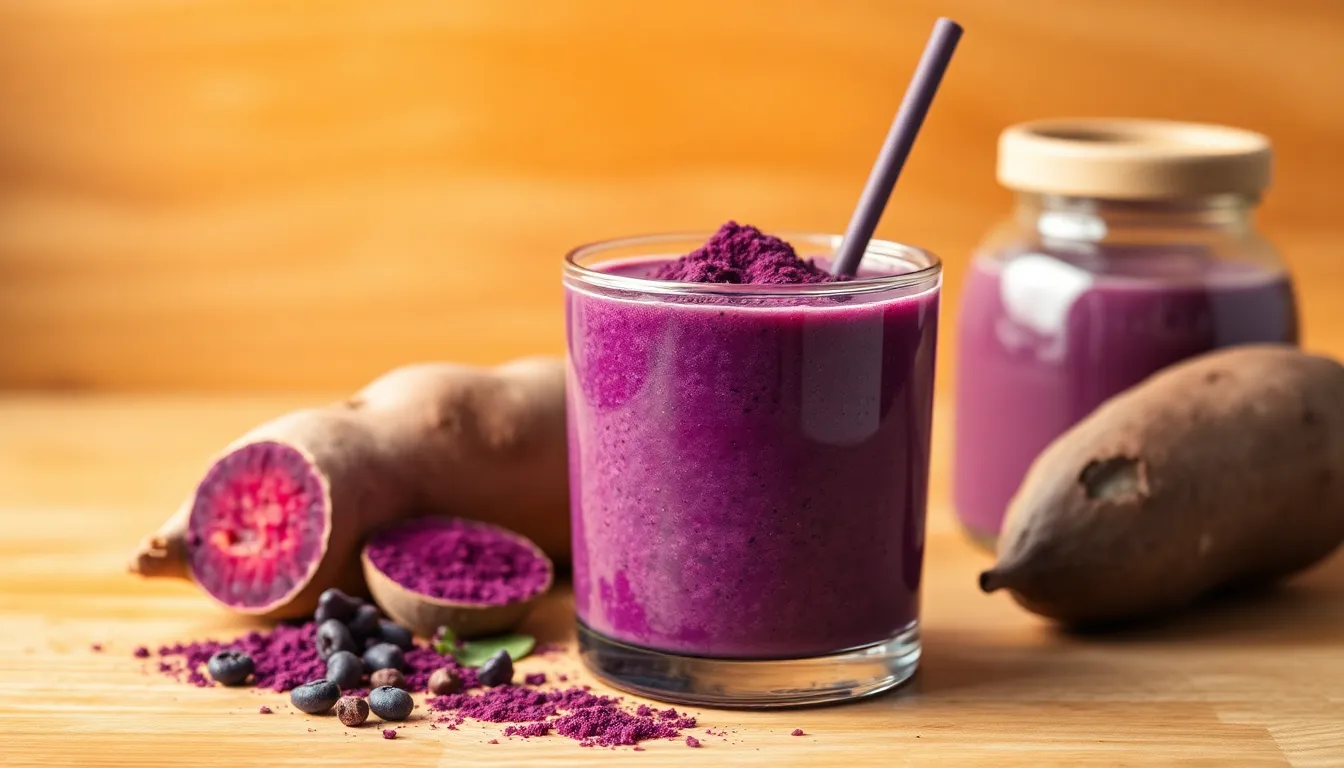 Purple ube powder smoothie drink preparation