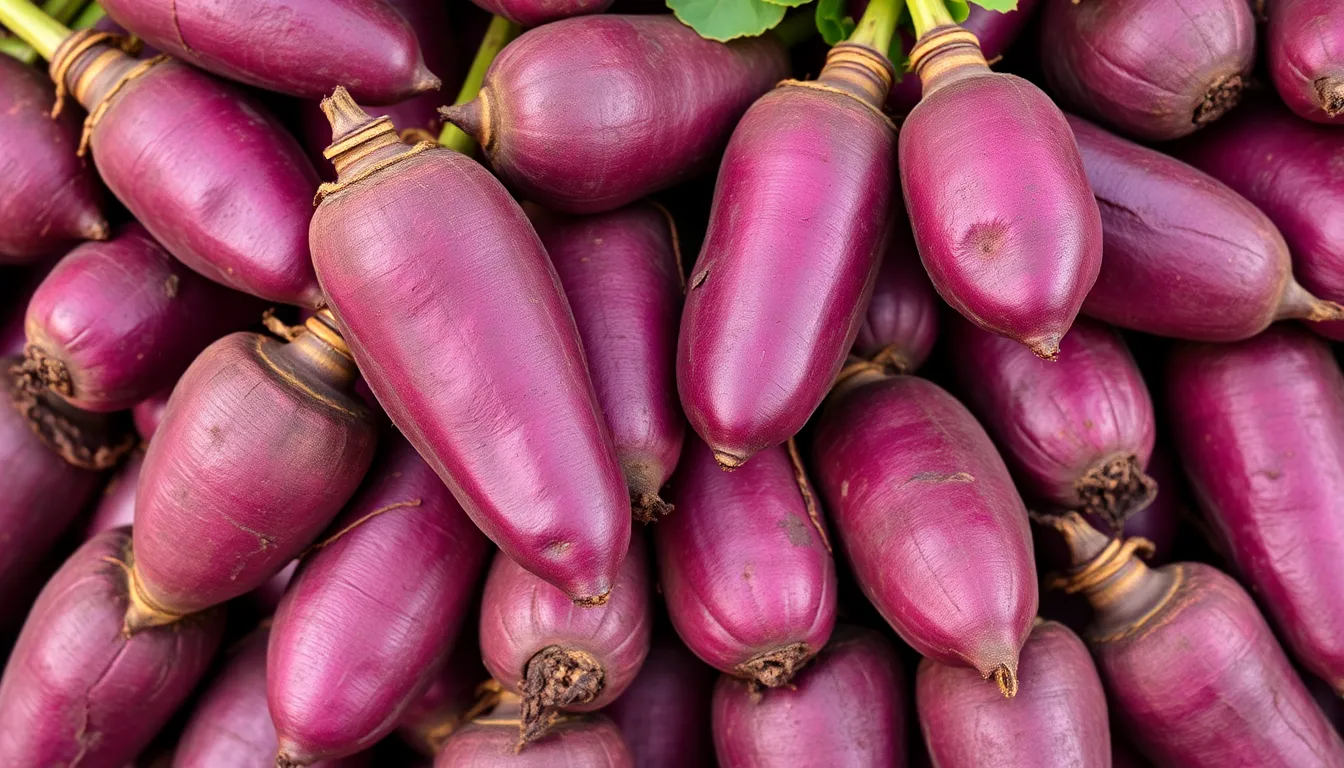 Vertical close-up of freshly harvested purple sweet potatoes in Sri Lanka.