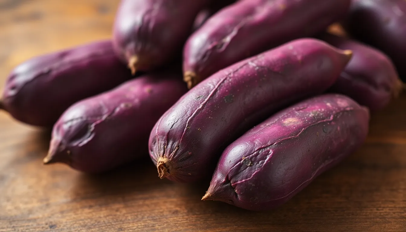Close-up of purple sweet potatoes on a wooden surface, perfect for culinary and natural food themes.