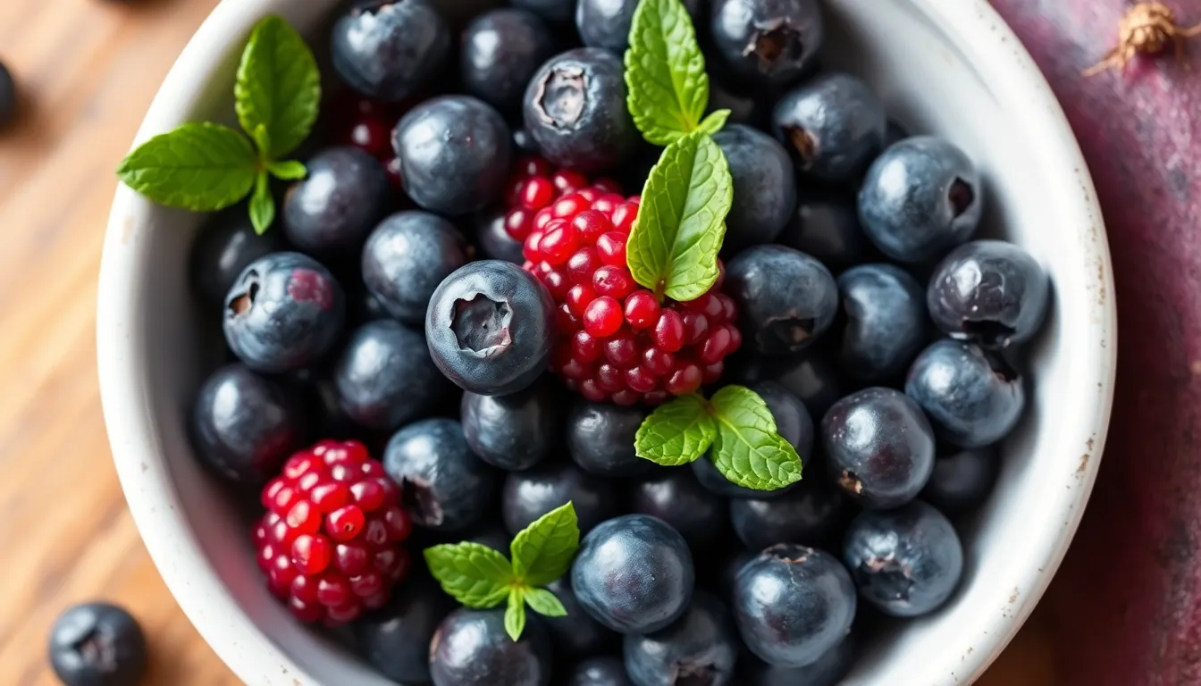 Fresh blueberries and dark berries in a bowl showing deep purple antioxidant colors.