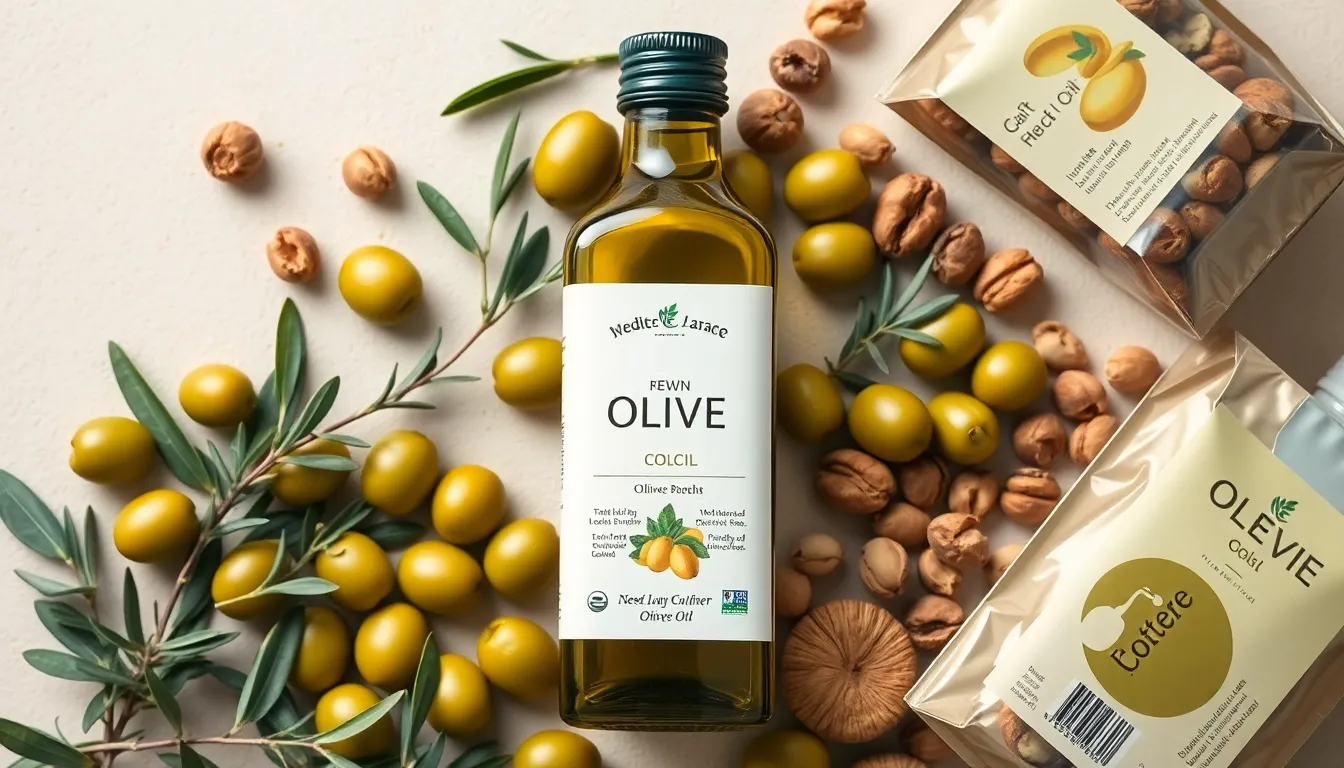 A flat lay of olive oil bottle surrounded by green olives and nuts, showcasing Mediterranean ingredients.