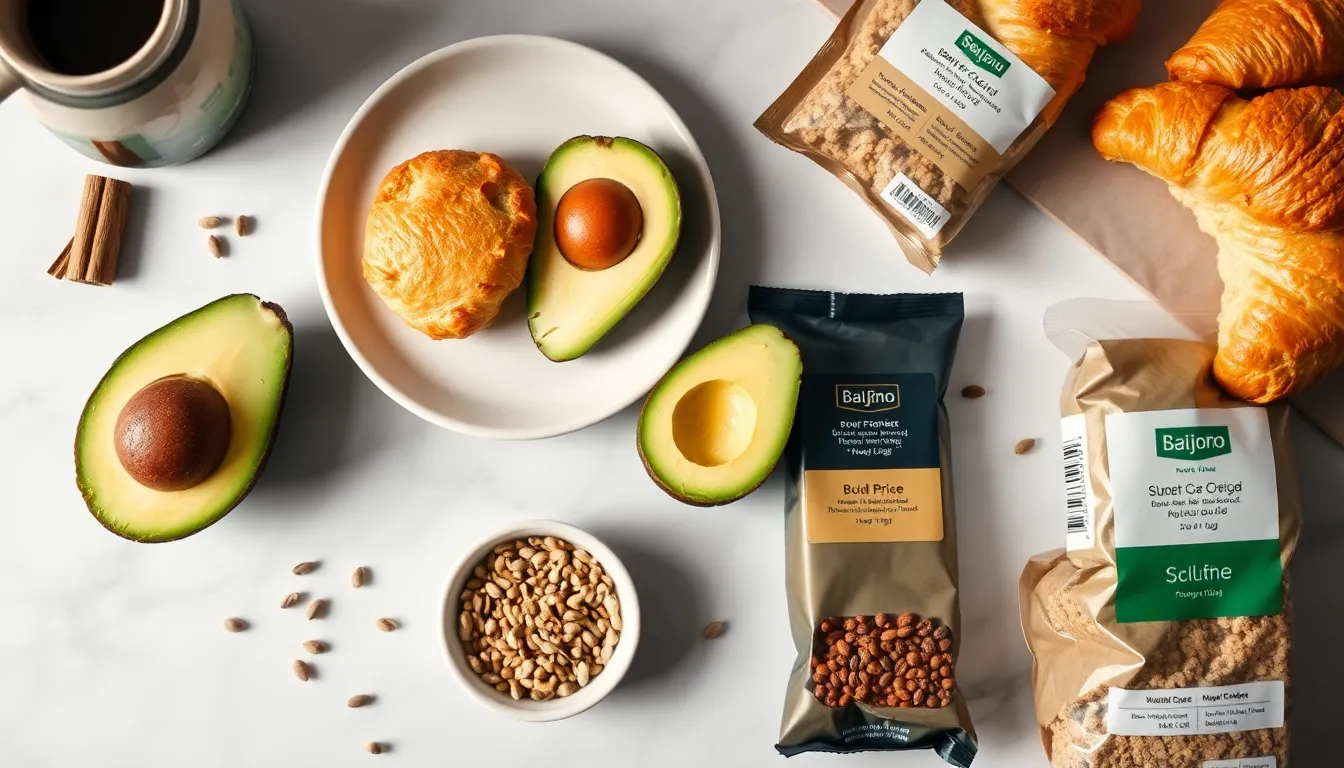 Flat lay of a nutritious breakfast setup with avocado, croissants, and seeds on marble.