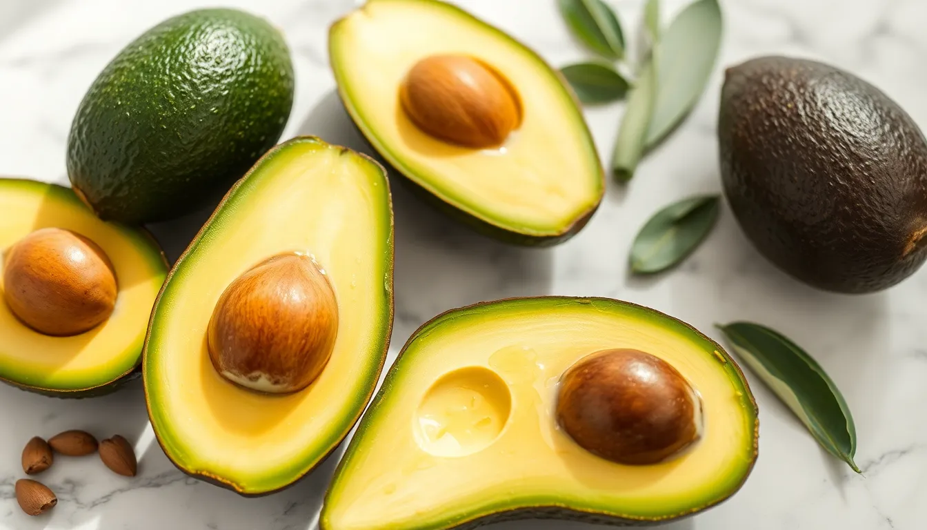 Fresh avocado halves with seeds and olive oil on marble surface, perfect for a keto diet.